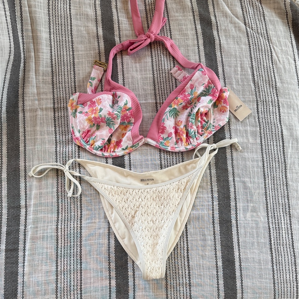 Hollister Pink Floral Underwire Bikini Top with Cream Crochet Bottom
